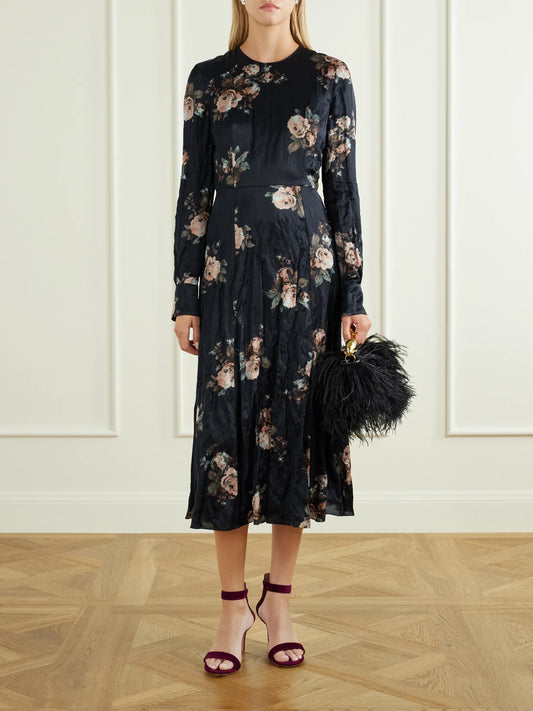 Image of Dresses. Product name - Floral-print Crinkled-satin Midi Dress in Black colour by brand - Erdem