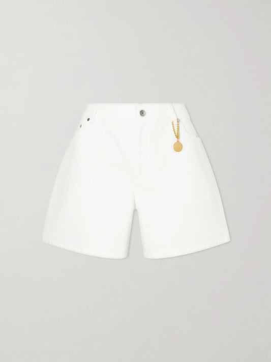 Image of a model wearing Shorts. Product name - Mid-rise Straight-leg Shorts in White colour by brand - Stella McCartney