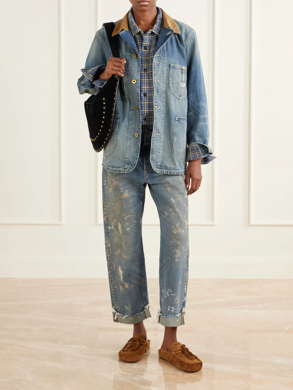 Image of Jeans. Product name - Paint-splattered Boyfriend Jeans in Mid denim colour by brand - RRL