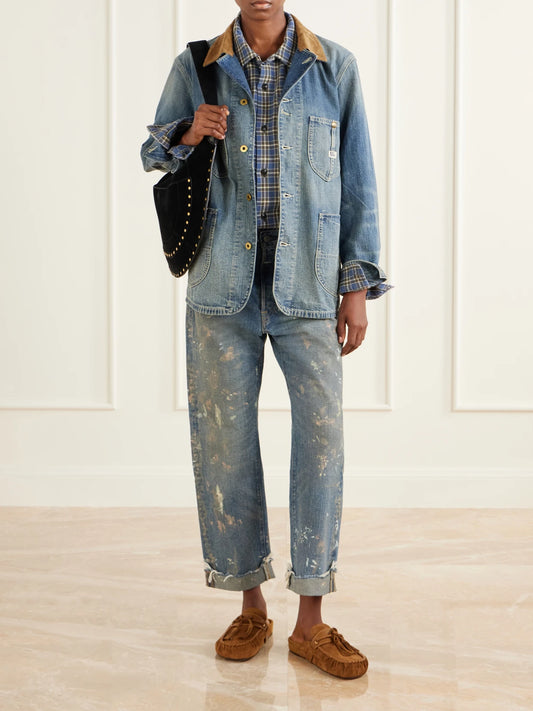 Image of Jeans. Product name - Paint-splattered Boyfriend Jeans in Mid denim colour by brand - RRL