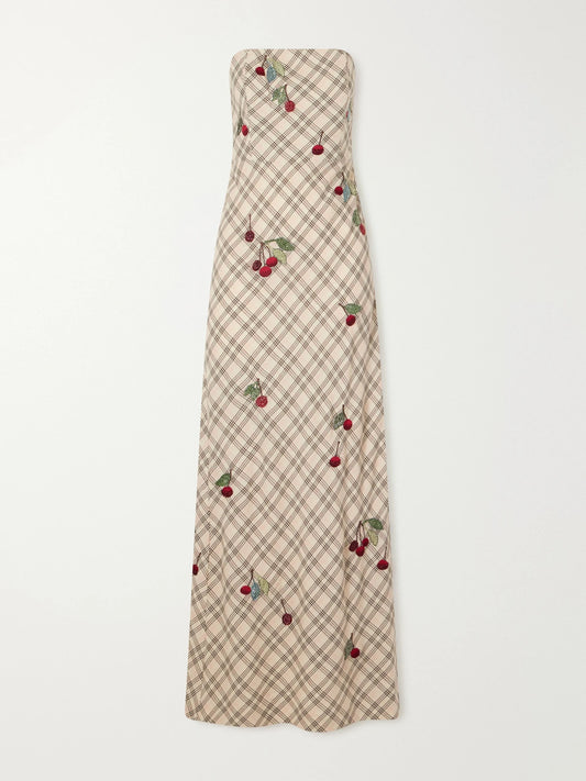 BERNADETTE Luna Bead-embellished Checked Wool-jacquard Bustier Gown