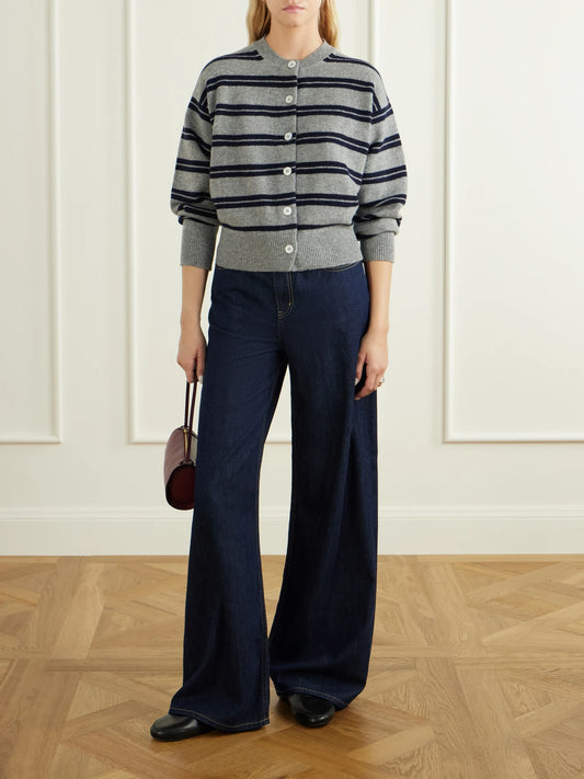 Image of a model wearing Outerwear. Product name - Ada Striped Wool Cardigan in Gray colour by brand - &Daughter