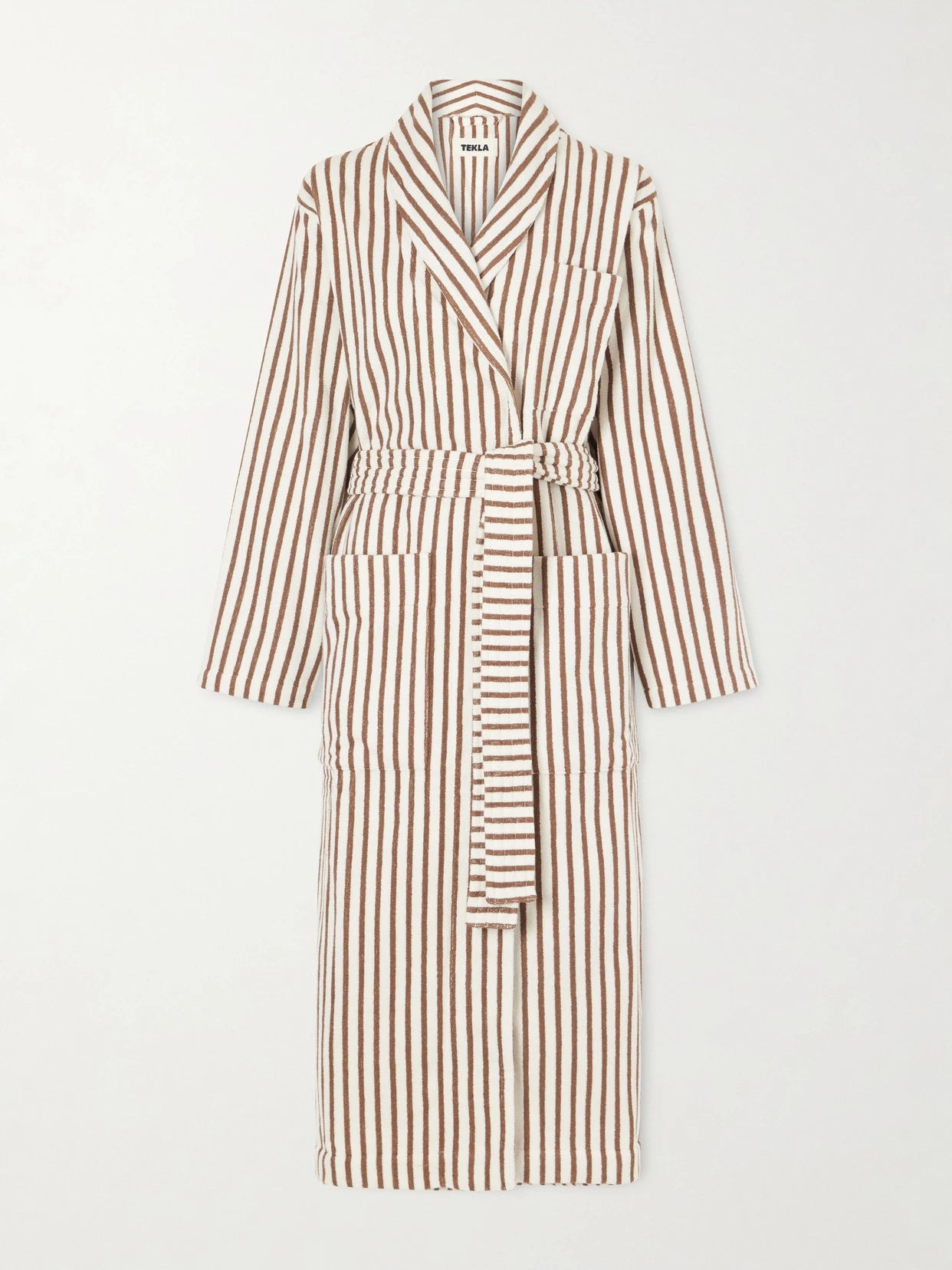 Image of Lingerie. Product name - Belted Striped Organic Cotton-terry Robe in Bronze colour by brand - TEKLA