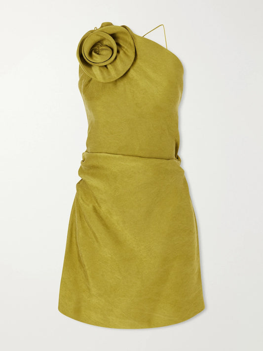 Magda Butrym Appliquéd Gathered Silk-twill Halterneck Mini Dress