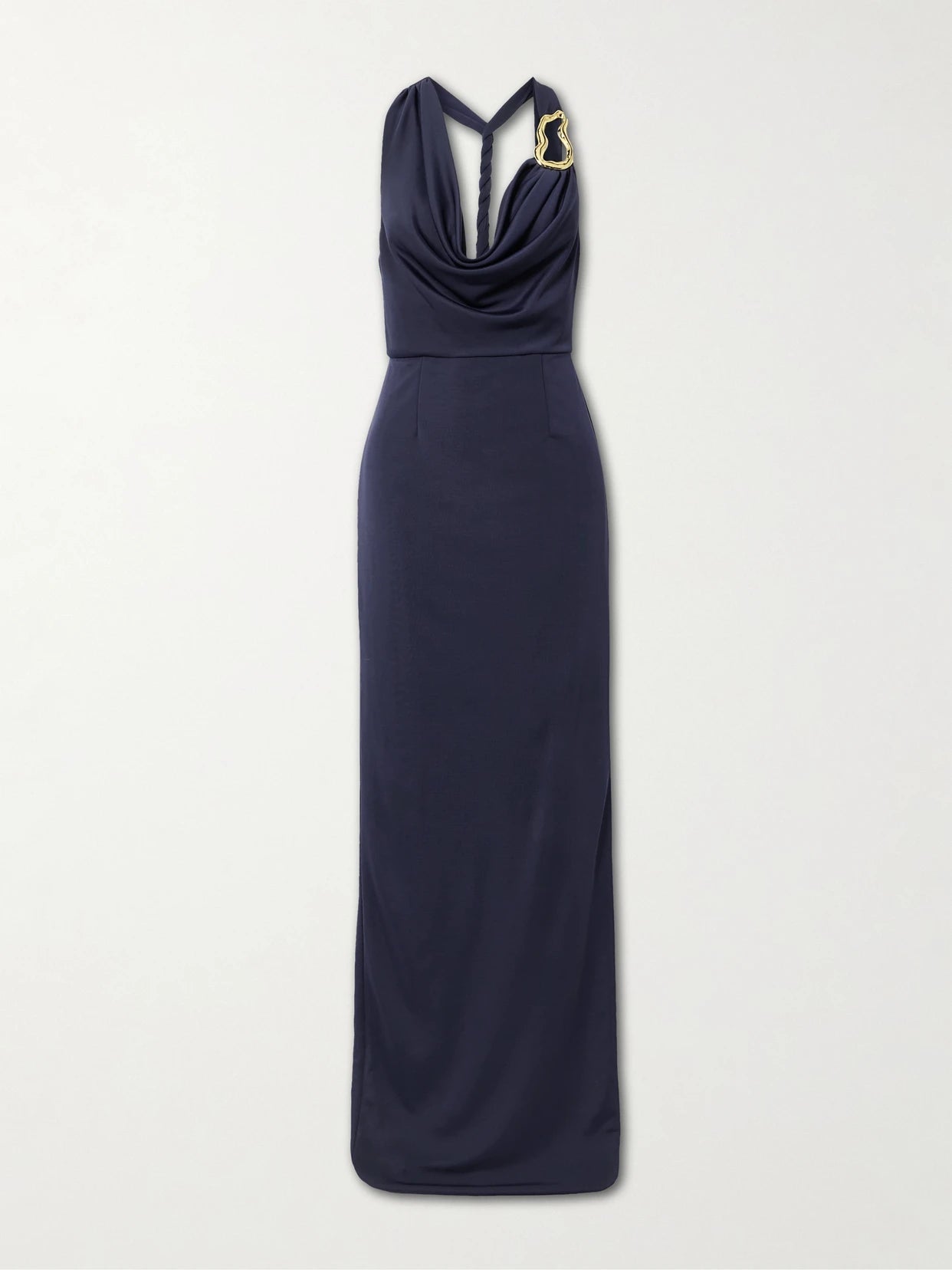 Image of Dresses. Product name - Ayesha Draped Embellished Stretch Satin-jersey Halterneck Gown in Navy colour by brand - Rebecca Vallance