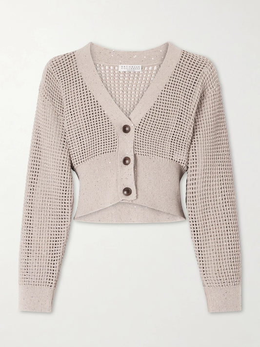 Image of a model wearing Outerwear. Product name - Sequin-embellished Open-knit Cotton-blend Cardigan in Beige colour by brand - Brunello Cucinelli