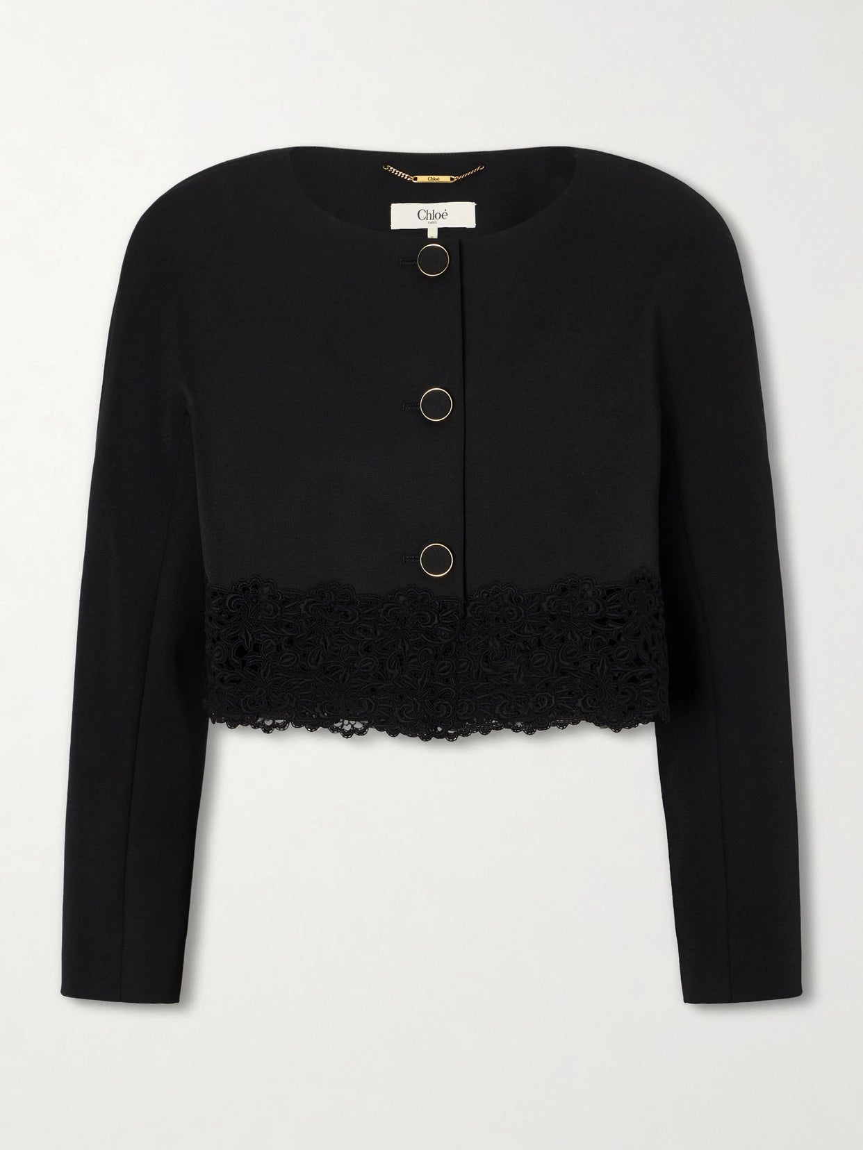 Image of Coats & Jackets. Product name - Lace-embroidered Wool Evening Jacket in Black colour by brand - Chloé