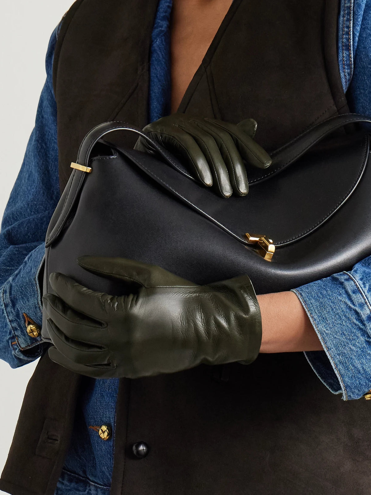 Image of Gloves & Mittens. Product name - Kate Crinkled-leather Gloves in Army green colour by brand - Agnelle