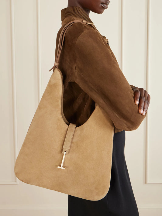 Image of Bags. Product name - T-embellished Medium Suede Shoulder Bag in Beige colour by brand - TOM FORD