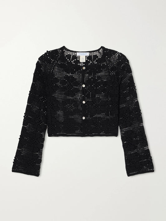 Image of Cardigans. Product name - Daisy Chain Cropped Crocheted Cardigan in Black colour by brand - Calle Del Mar