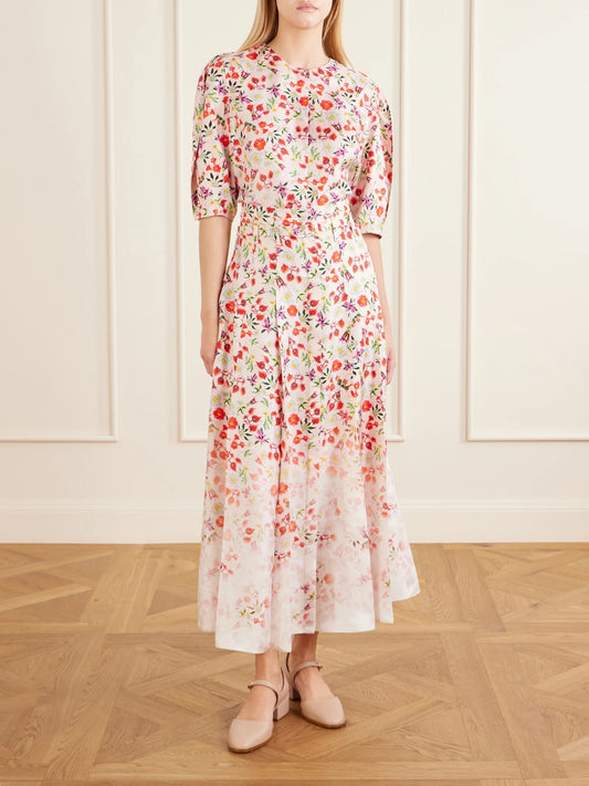 Image of a model wearing Skirts. Product name - Dugald Floral-print Belted Pleated Silk Maxi Skirt in White colour by brand - Gabriela Hearst