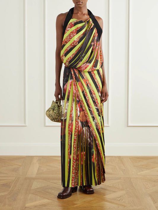 Image of Dresses. Product name - Printed Satin Maxi Dress in Multi colour by brand - Dries Van Noten