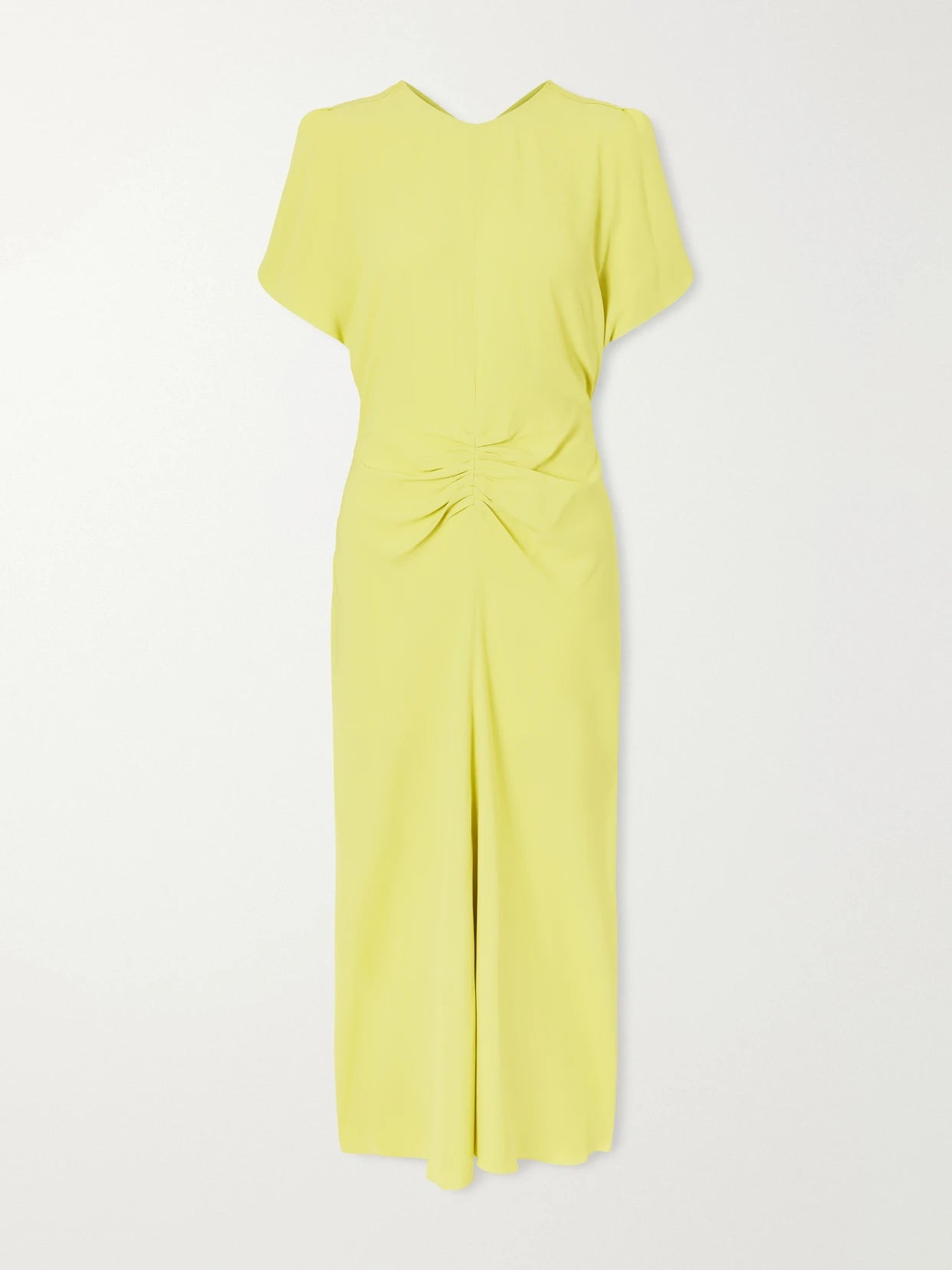 Image of Dresses. Product name - Bela Gathered Satin Midi Dress in Chartreuse colour by brand - Victoria Beckham