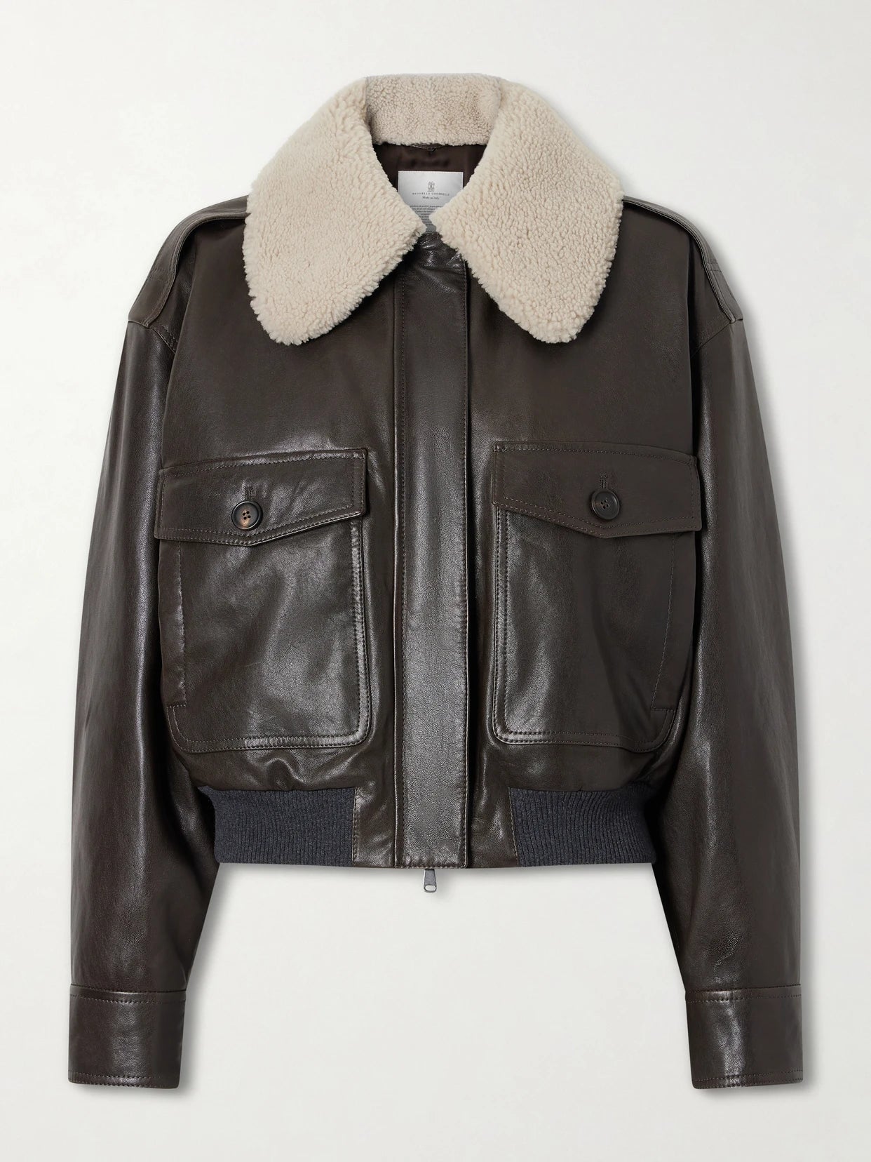 Image of Coats & Jackets. Product name - Shearling-trimmed Leather Jacket in Dark brown colour by brand - Brunello Cucinelli