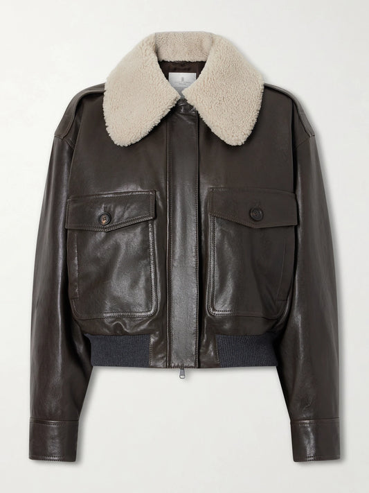 Image of Coats & Jackets. Product name - Shearling-trimmed Leather Jacket in Dark brown colour by brand - Brunello Cucinelli