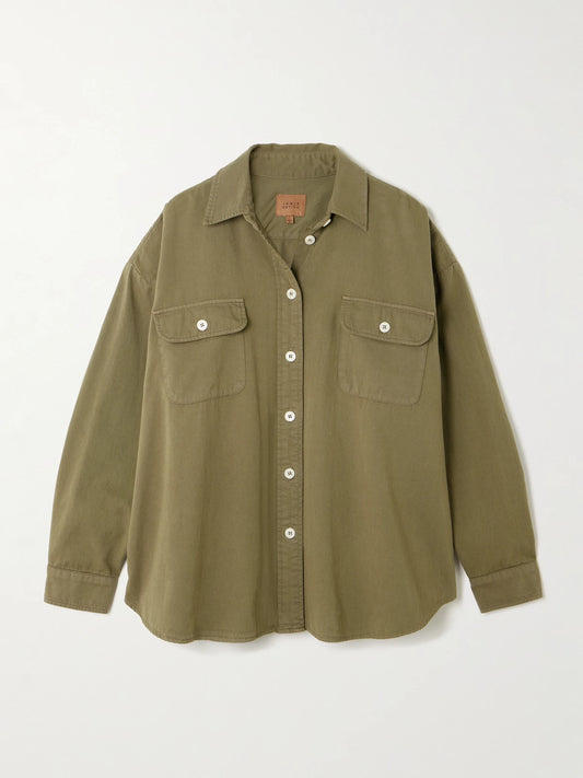Image of a model wearing Tops. Product name - The Big Oversized Cotton-twill Shirt in Army green colour by brand - Jamie Haller