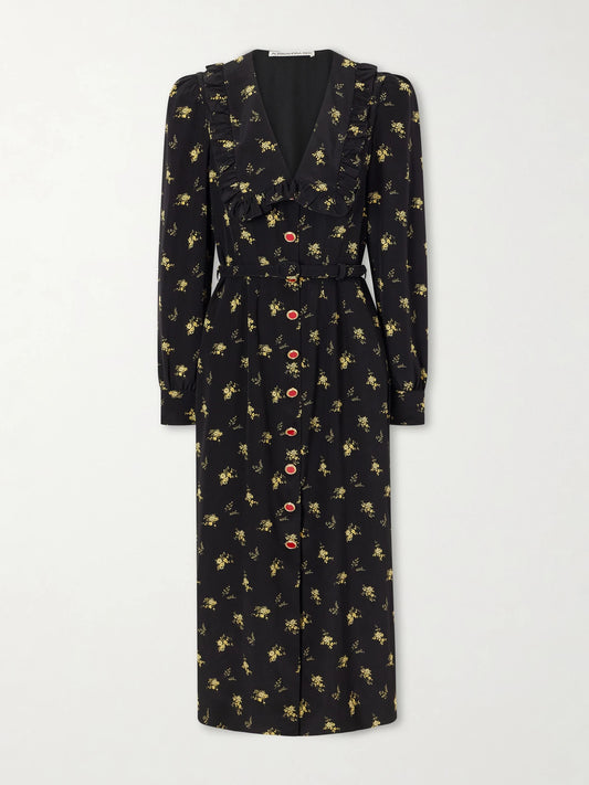 Image of Dresses. Product name - Belted Ruffled Floral-print Silk-crepe Midi Dress in Black colour by brand - Alessandra Rich