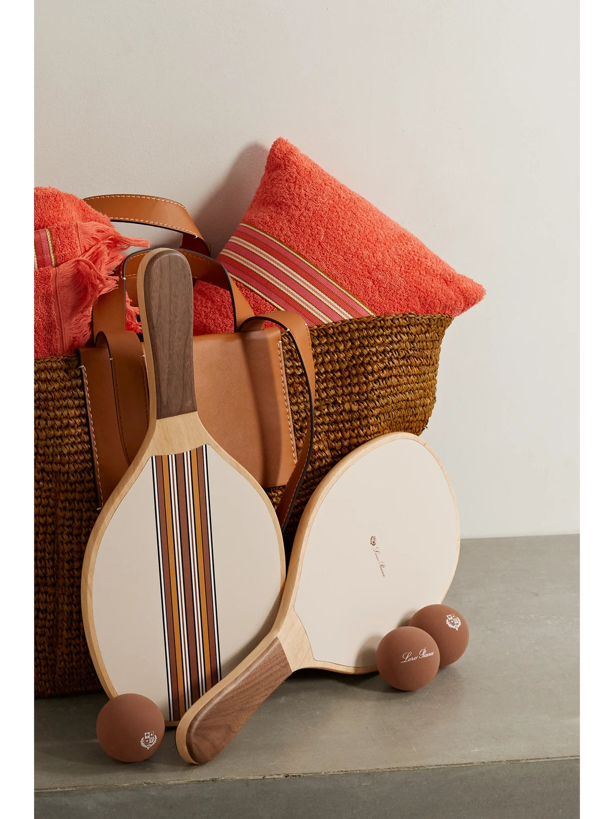 Image of Decor. Product name - The Suitcase Stripe Wood And Leather Paddleball Set in Brown colour by brand - Loro Piana
