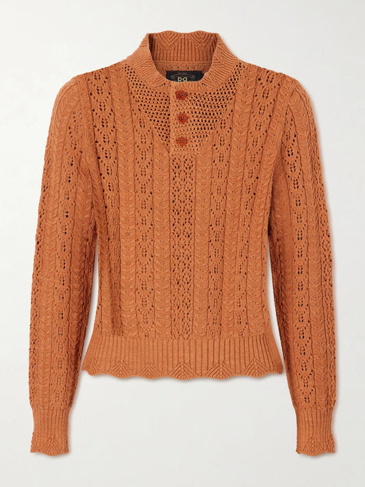 Image of a model wearing Outerwear. Product name - Hannah Crocheted Cotton Sweater in Orange colour by brand - RRL