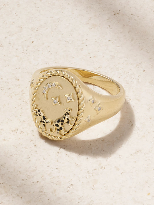 Chevalière Ovale La Savane 9-karat Gold, Diamond And Enamel Ring