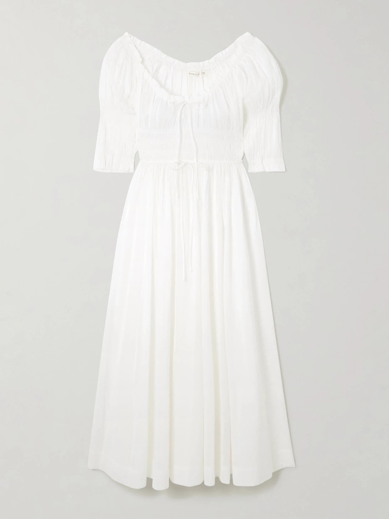 Image of Dresses. Product name - Ischia Shirred Organic Cotton-blend Voile Midi Dress in White colour by brand - DÔEN