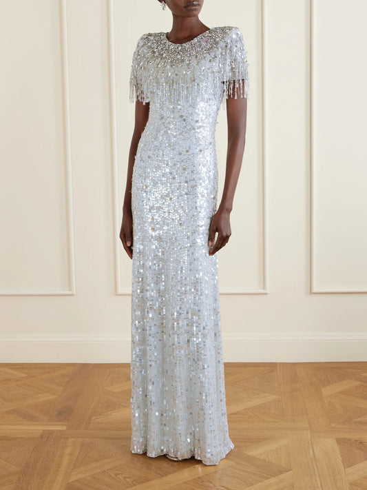 Image of Dresses. Product name - Eugene Crystal-embellished Sequined Chiffon Gown in Light blue colour by brand - Jenny Packham