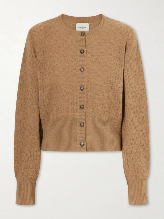 Image of a model wearing Outerwear. Product name - Gaya Pointelle Knit Cashmere Cardigan in Camel colour by brand - Le Kasha