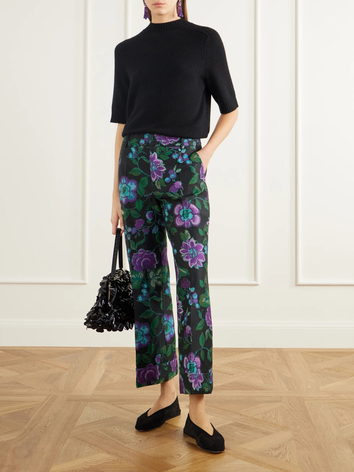 Image of a model wearing Pants. Product name - Hendrix Floral-jacquard Straight-leg Pants in Green colour by brand - La DoubleJ