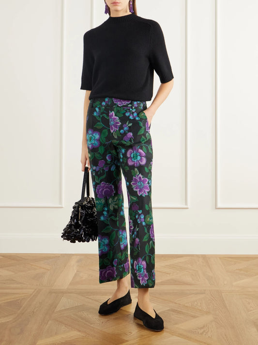Image of a model wearing Pants. Product name - Hendrix Floral-jacquard Straight-leg Pants in Green colour by brand - La DoubleJ