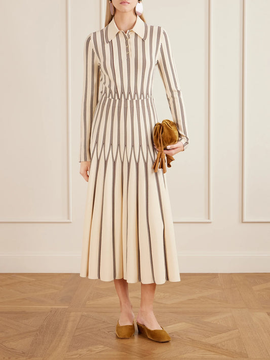 Image of a model wearing Skirts. Product name - Valiant Striped Knitted Midi Skirt in Cream colour by brand - Zimmermann