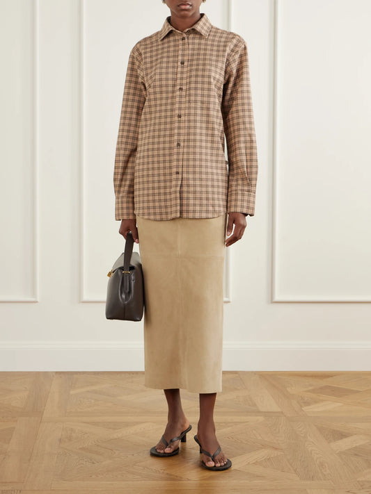 Image of a model wearing Tops. Product name - Checked Wool-blend Shirt in Brown colour by brand - RÓHE