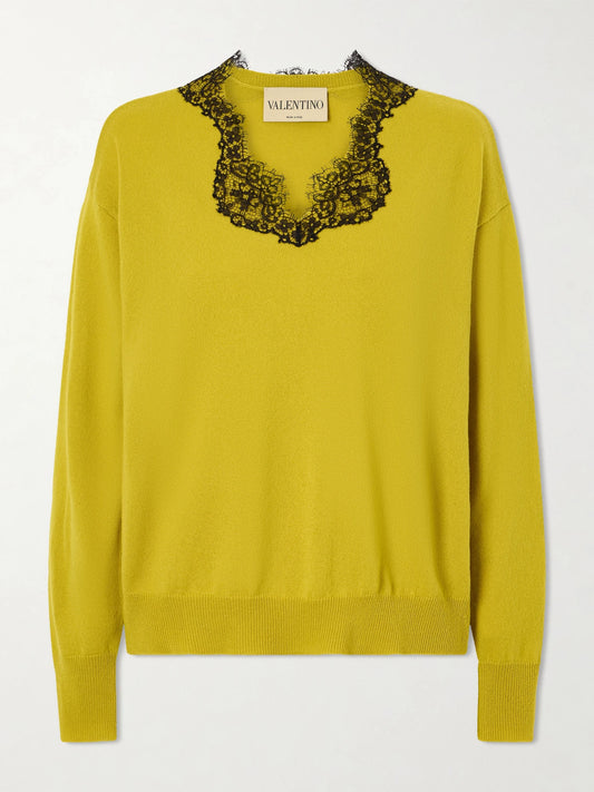 Image of a model wearing Outerwear. Product name - Lace-trimmed Cashmere Sweater in Yellow colour by brand - Valentino Garavani