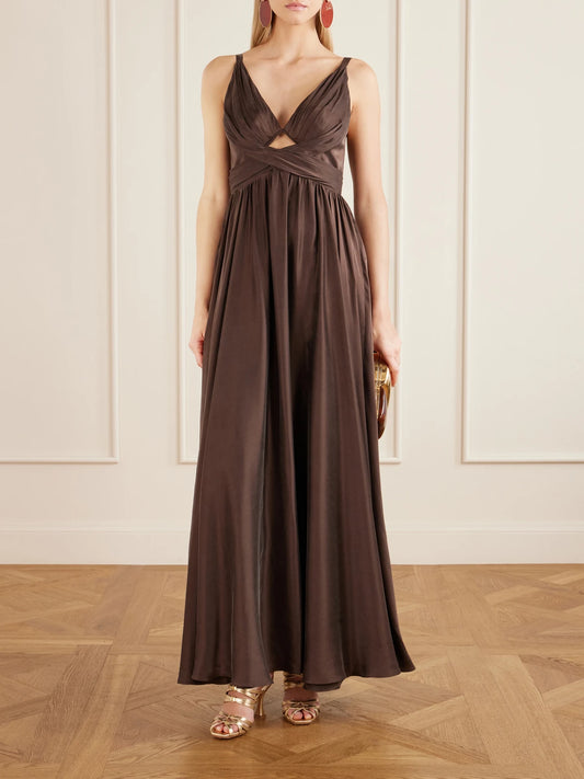 Image of Dresses. Product name - Draped Silk Satin Maxi Dress in Chocolate colour by brand - Zimmermann