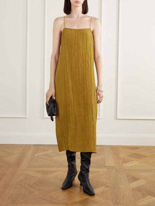 Image of Dresses. Product name - Crinkled Satin Midi Dress in Yellow colour by brand - Tibi