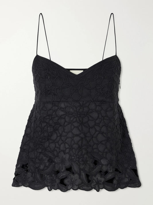 Image of a model wearing Tops. Product name - Romeka Floral-embroidered Ramie Tank in Black colour by brand - ISABEL MARANT
