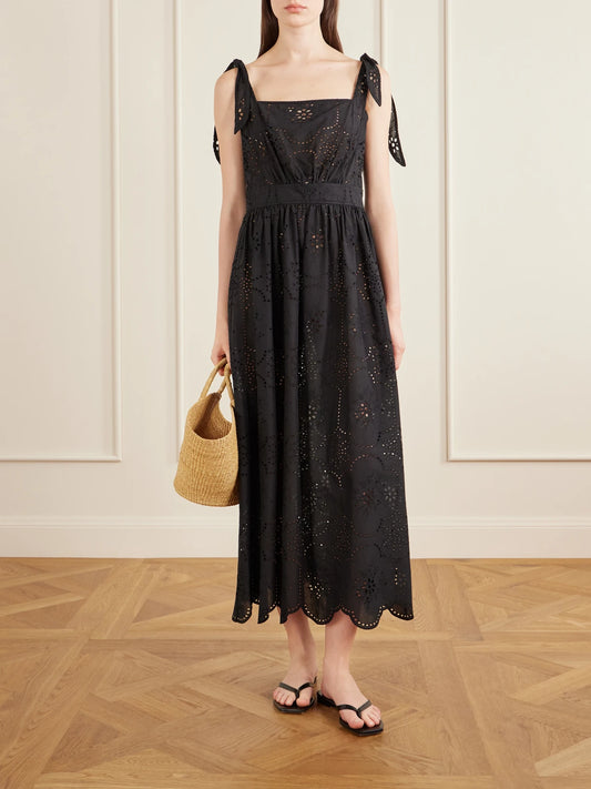 Image of Dresses. Product name - Broderie Apron Broderie Anglaise Cotton Midi Dress in Black colour by brand - Matteau