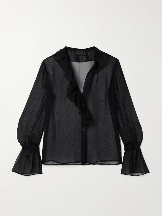 Image of a model wearing Tops. Product name - Cecily Ruffled Silk-chiffon Blouse in Black colour by brand - Nili Lotan