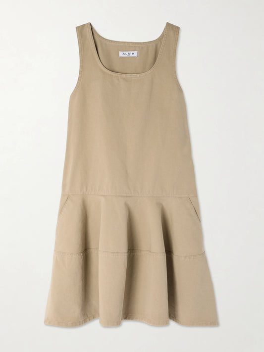 Image of Dresses. Product name - Tiered Denim Mini Dress in Beige colour by brand - Alaïa