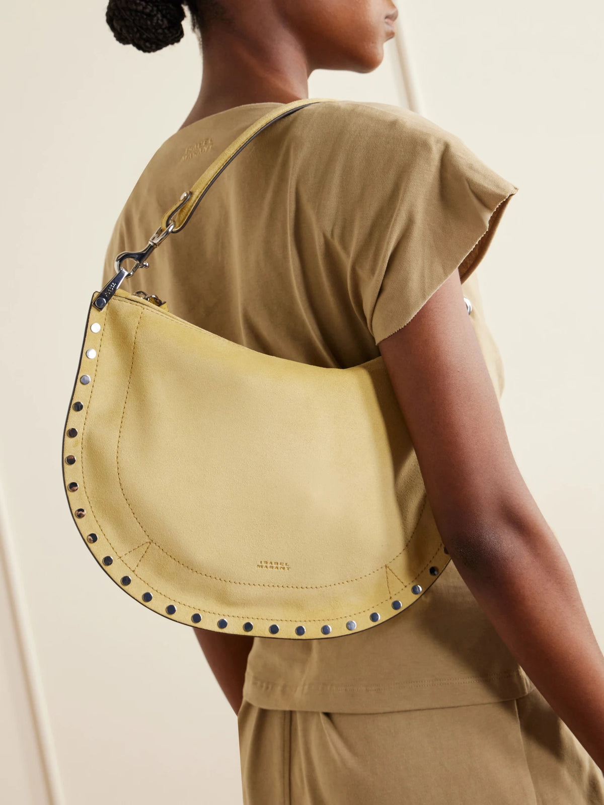 Image of Bags. Product name - Oskan Studded Suede Shoulder Bag in Beige colour by brand - ISABEL MARANT