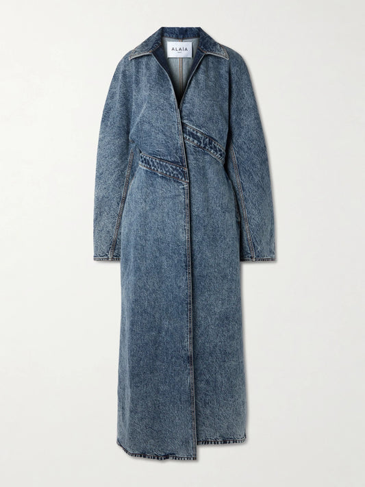 Image of Coats & Jackets. Product name - Spiral Asymmetric Denim Coat in Blue colour by brand - Alaïa