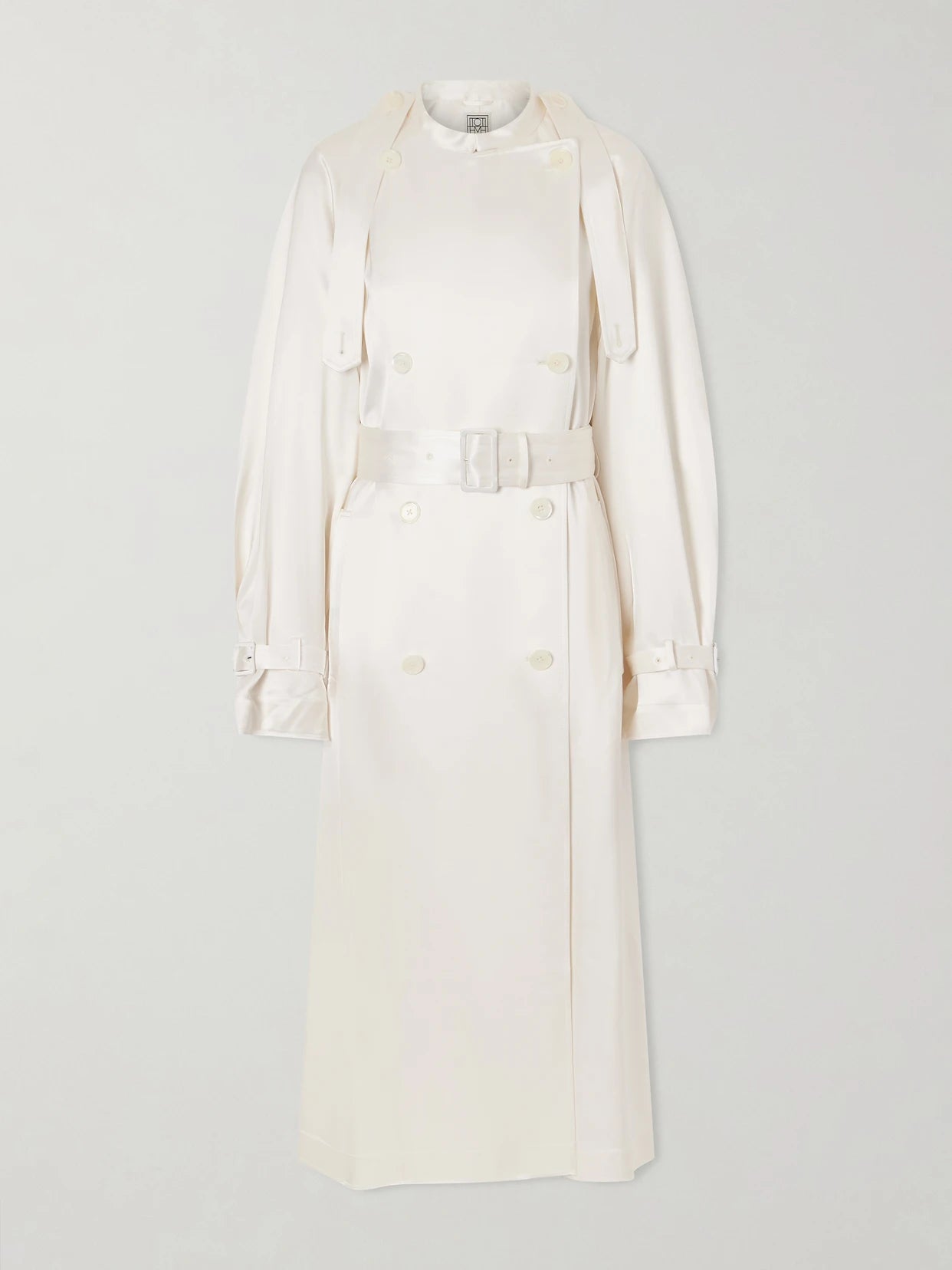 Image of Coats & Jackets. Product name - Double-breasted Draped Satin Trench Coat in Off-white colour by brand - TOTEME