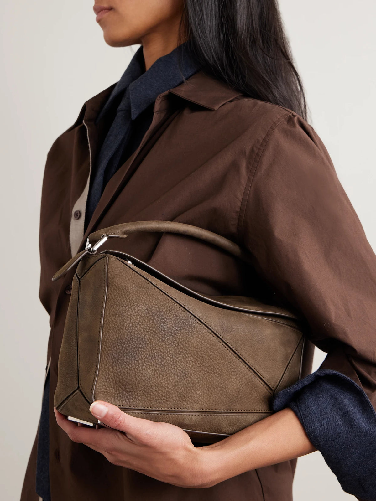 Image of Bags. Product name - Puzzle Small Textured-nubuck Shoulder Bag in Dark brown colour by brand - LOEWE