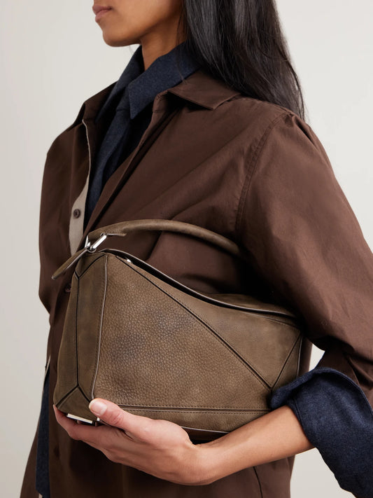 Image of Bags. Product name - Puzzle Small Textured-nubuck Shoulder Bag in Dark brown colour by brand - LOEWE