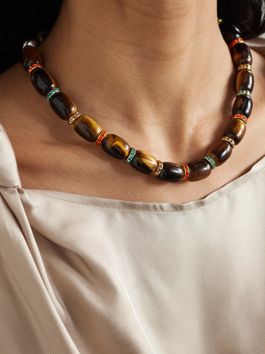 Image of Necklaces. Product name - Donna Gold-tone Tiger's Eye And Crystal Necklace in Brown colour by brand - Julietta