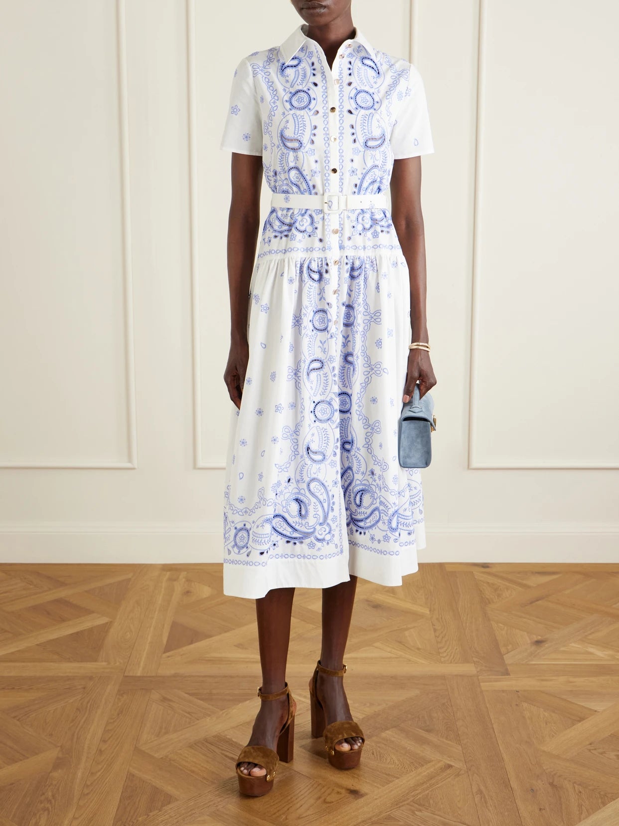 Image of Dresses. Product name - Belted Embroidered Cotton-poplin Midi Shirt Dress in White colour by brand - Self-Portrait