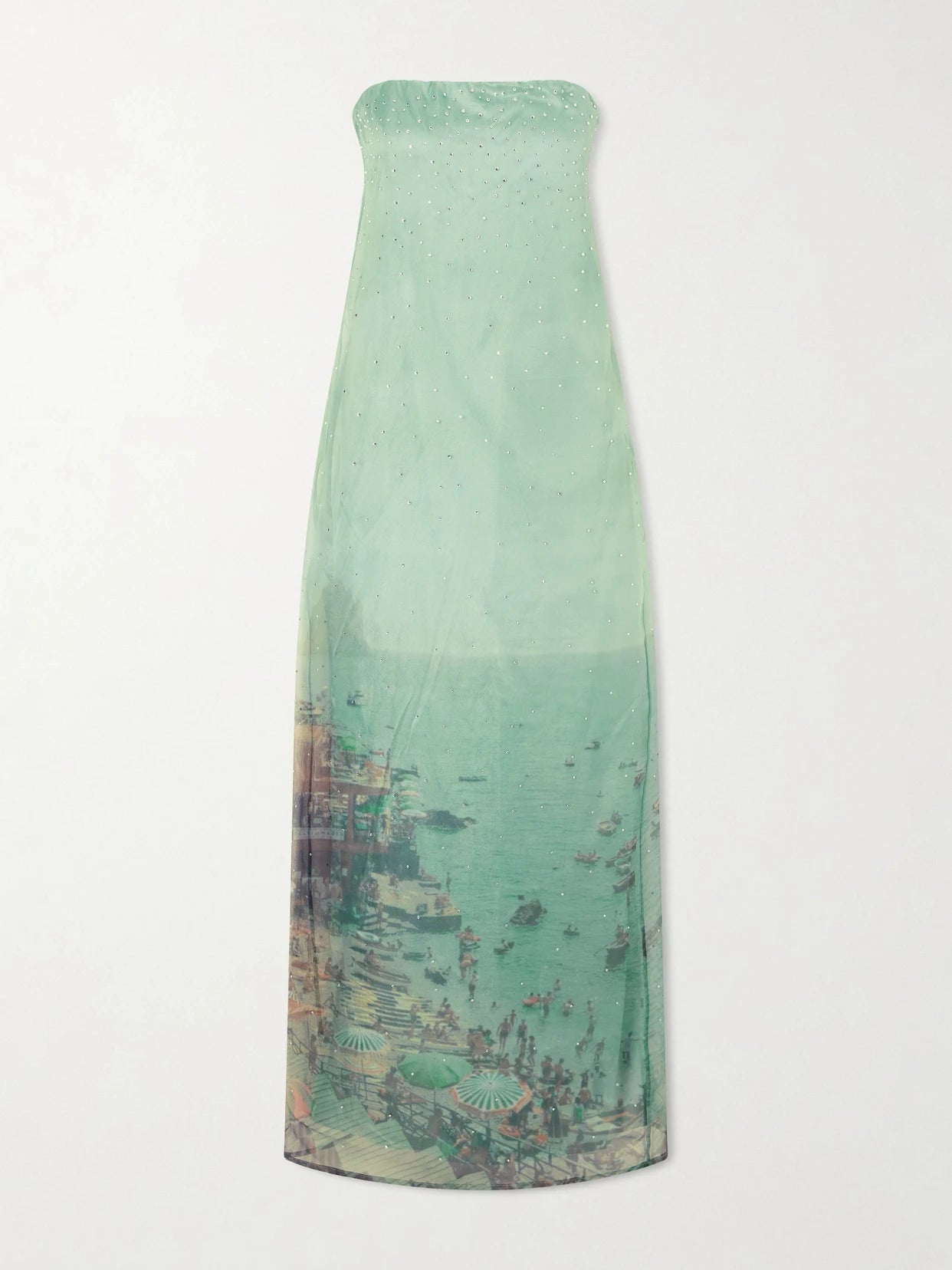 Image of Dresses. Product name - Amara Strapless Printed Organza Maxi Dress in Turquoise colour by brand - STAUD