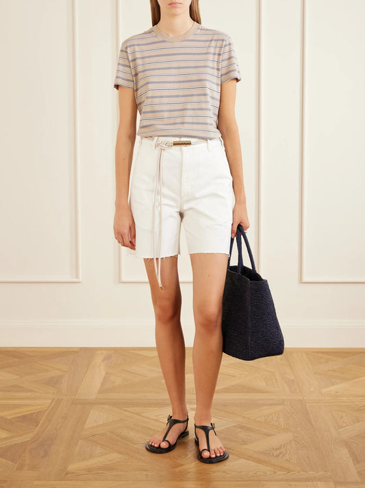 Image of a model wearing Shorts. Product name - Ellis Skate Organic-cotton Denim Shorts in White colour by brand - KALLMEYER