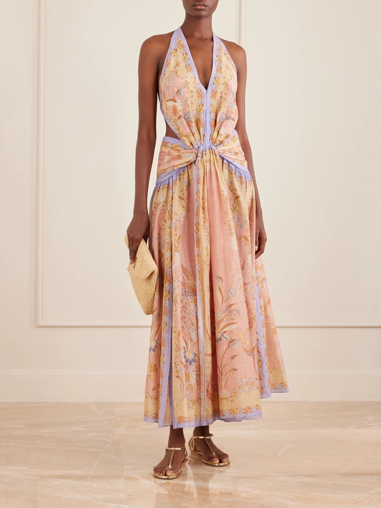Image of Dresses. Product name - Indra Plunge Printed Metallic Cotton And Silk-blend Halterneck Maxi Dress in Pink colour by brand - Zimmermann