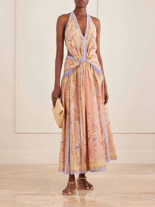 Image of Dresses. Product name - Indra Plunge Printed Metallic Cotton And Silk-blend Halterneck Maxi Dress in Pink colour by brand - Zimmermann
