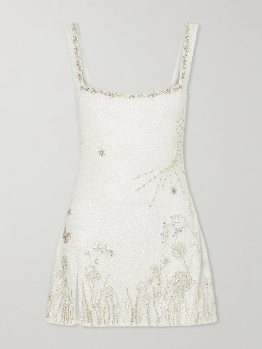 Image of Dresses. Product name - Wildflower Crystal-embellished Satin Mini Dress in Ivory colour by brand - Clio Peppiatt